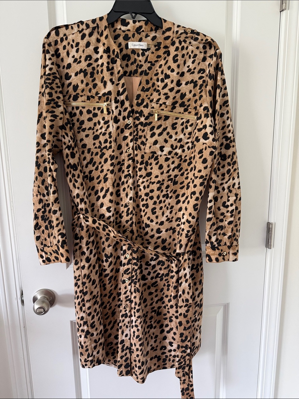 Calvin Klein Leopard Print Shirt Dress - Tan & Black